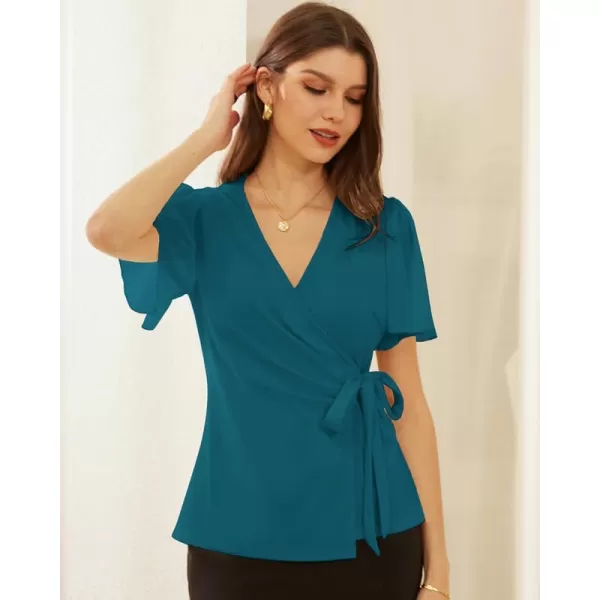 GRACE KARIN Womens Dressy Tops Flowing Chiffon Short Sleeve Blouses 2024 Summer Blouses V Neck Wrap Business Work Shirts TopsRoyal Blue