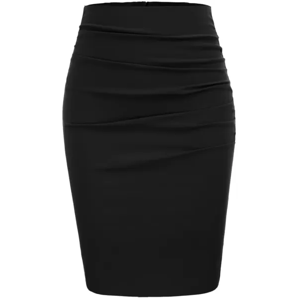 GRACE KARIN Womens Elegant Ruched Skirts Satin Knee Length Slim Fit Business SkirtBlack