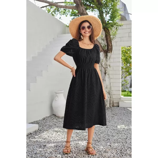 GRACE KARIN Womens Eyelet Dresses Summer Square Neck Short Puff Sleeve Casual A Line Boho Midi DressBlack