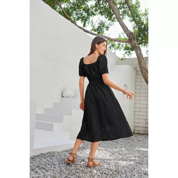 GRACE KARIN Womens Eyelet Dresses Summer Square Neck Short Puff Sleeve Casual A Line Boho Midi DressBlack