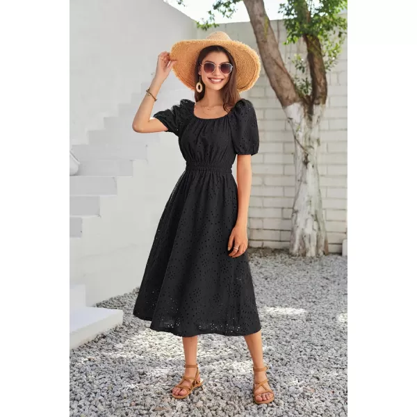 GRACE KARIN Womens Eyelet Dresses Summer Square Neck Short Puff Sleeve Casual A Line Boho Midi DressBlack