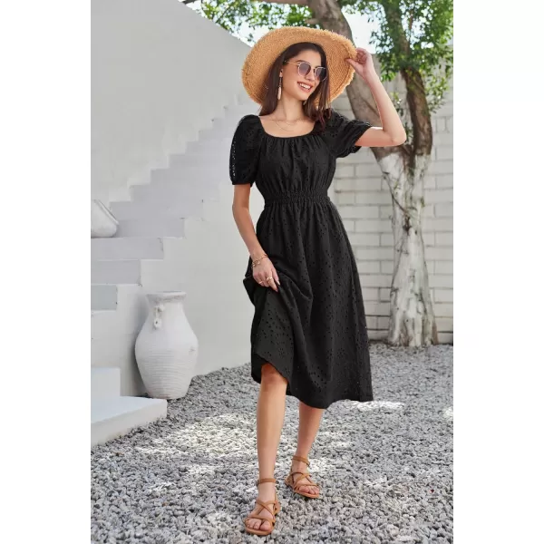 GRACE KARIN Womens Eyelet Dresses Summer Square Neck Short Puff Sleeve Casual A Line Boho Midi DressBlack