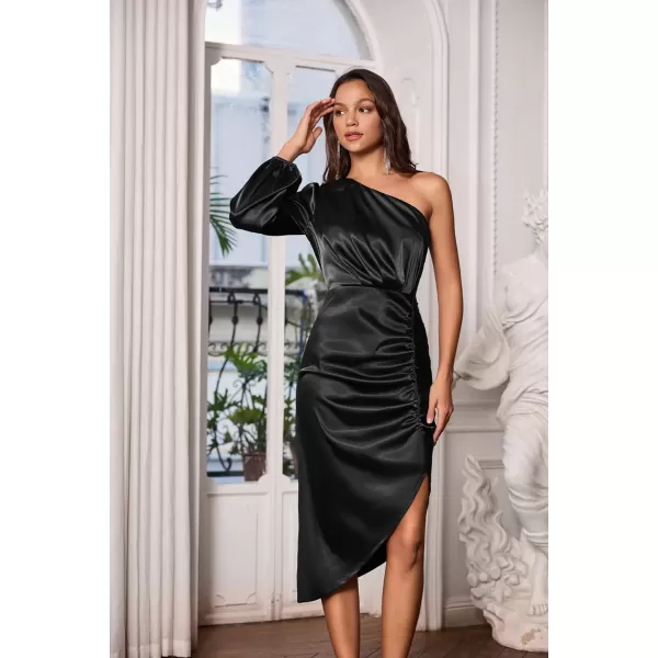 GRACE KARIN Womens Fall One Shoulder Long Sleeve Ruched Bodycon Midi Long Satin Formal Cocktail DressBlack