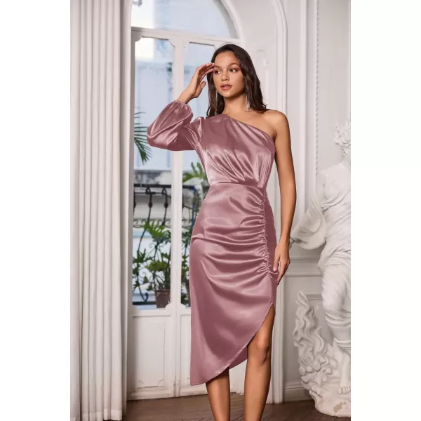 GRACE KARIN Womens Fall One Shoulder Long Sleeve Ruched Bodycon Midi Long Satin Formal Cocktail DressDark Pink