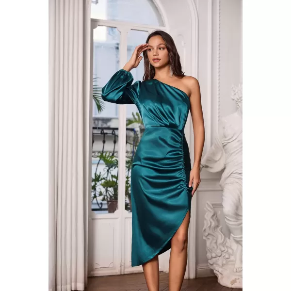 GRACE KARIN Womens Fall One Shoulder Long Sleeve Ruched Bodycon Midi Long Satin Formal Cocktail DressLake Blue