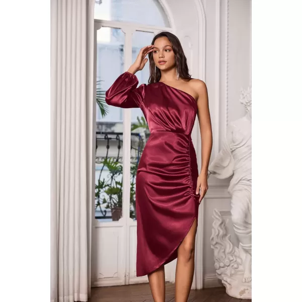 GRACE KARIN Womens Fall One Shoulder Long Sleeve Ruched Bodycon Midi Long Satin Formal Cocktail DressWine