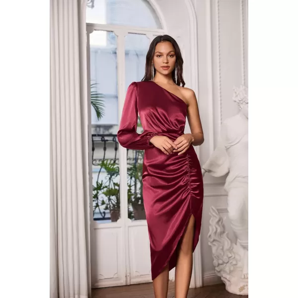 GRACE KARIN Womens Fall One Shoulder Long Sleeve Ruched Bodycon Midi Long Satin Formal Cocktail DressWine