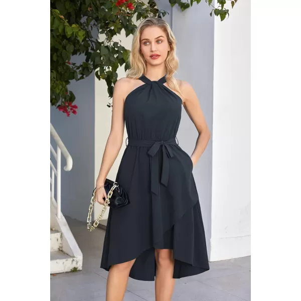 GRACE KARIN Womens Halter Dress Summer 2023 Wedding Guest Dress High Low A Line Midi Dress with Belt Pocket Party DressDark Navy Blue