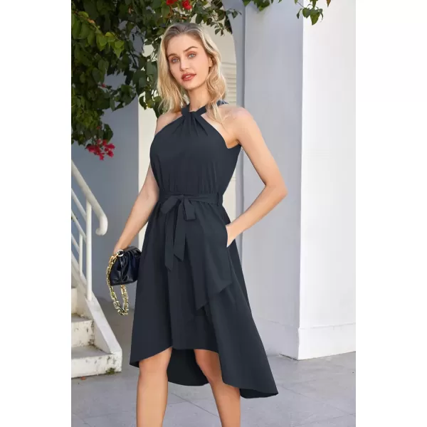 GRACE KARIN Womens Halter Dress Summer 2023 Wedding Guest Dress High Low A Line Midi Dress with Belt Pocket Party DressDark Navy Blue