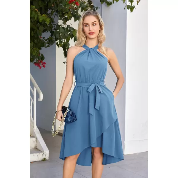 GRACE KARIN Womens Halter Dress Summer 2023 Wedding Guest Dress High Low A Line Midi Dress with Belt Pocket Party DressHaze Blue