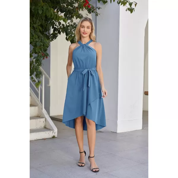 GRACE KARIN Womens Halter Dress Summer 2023 Wedding Guest Dress High Low A Line Midi Dress with Belt Pocket Party DressHaze Blue
