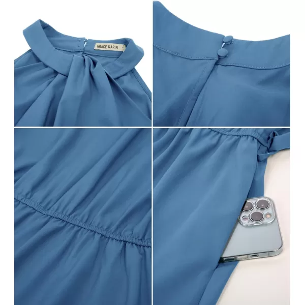 GRACE KARIN Womens Halter Dress Summer 2023 Wedding Guest Dress High Low A Line Midi Dress with Belt Pocket Party DressHaze Blue