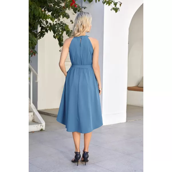 GRACE KARIN Womens Halter Dress Summer 2023 Wedding Guest Dress High Low A Line Midi Dress with Belt Pocket Party DressHaze Blue