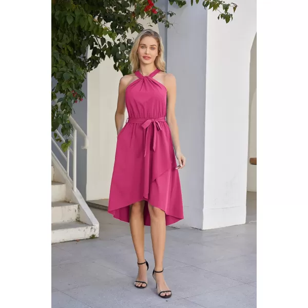 GRACE KARIN Womens Halter Dress Summer 2023 Wedding Guest Dress High Low A Line Midi Dress with Belt Pocket Party DressRose Red