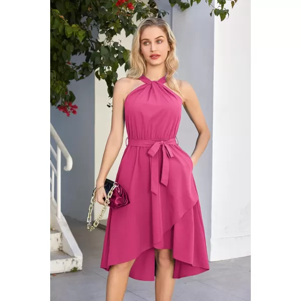 GRACE KARIN Womens Halter Dress Summer 2023 Wedding Guest Dress High Low A Line Midi Dress with Belt Pocket Party DressRose Red
