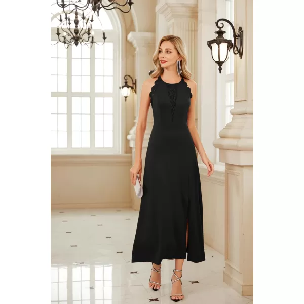 GRACE KARIN Womens Halter Dresses Lace Pathwork Sleeveless Party Dress Side Slit Cocktail Maxi DressBlack