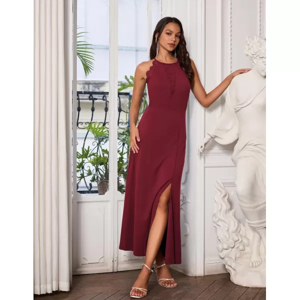 GRACE KARIN Womens Halter Dresses Lace Pathwork Sleeveless Party Dress Side Slit Cocktail Maxi DressWine Red