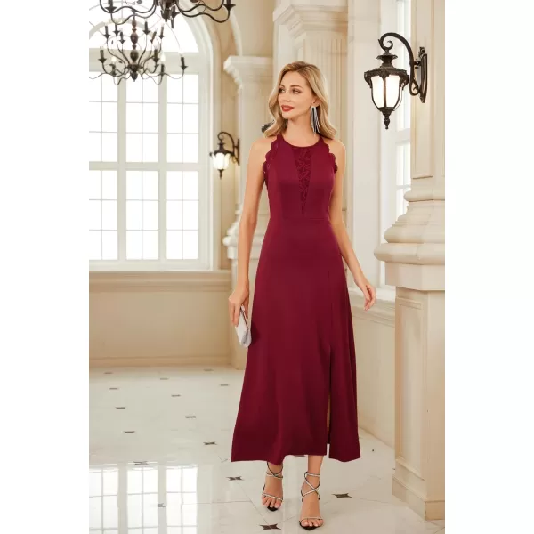 GRACE KARIN Womens Halter Dresses Lace Pathwork Sleeveless Party Dress Side Slit Cocktail Maxi DressWine Red
