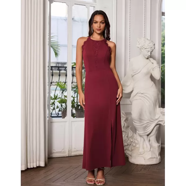 GRACE KARIN Womens Halter Dresses Lace Pathwork Sleeveless Party Dress Side Slit Cocktail Maxi DressWine Red