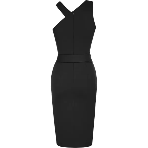 GRACE KARIN Womens Halter Neck Bodycon Dresses Summer Sleeveless Belted Slit Cocktail Midi Sheath Party DressesBlack