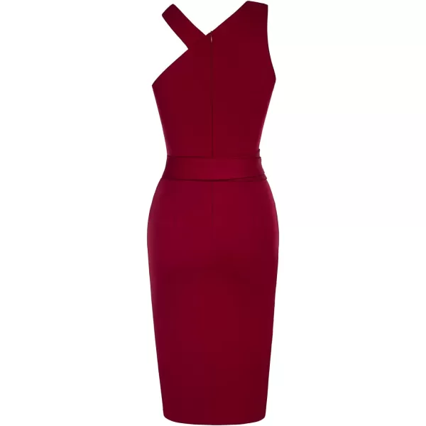 GRACE KARIN Womens Halter Neck Bodycon Dresses Summer Sleeveless Belted Slit Cocktail Midi Sheath Party DressesDark Red