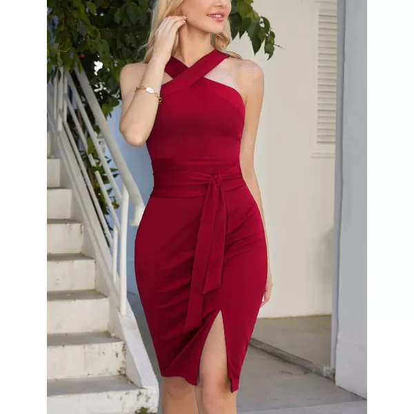 GRACE KARIN Womens Halter Neck Bodycon Dresses Summer Sleeveless Belted Slit Cocktail Midi Sheath Party DressesDark Red