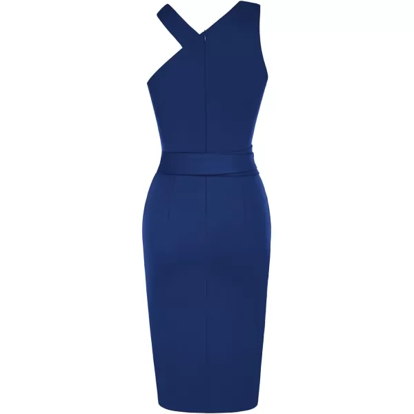 GRACE KARIN Womens Halter Neck Bodycon Dresses Summer Sleeveless Belted Slit Cocktail Midi Sheath Party DressesDrak Blue