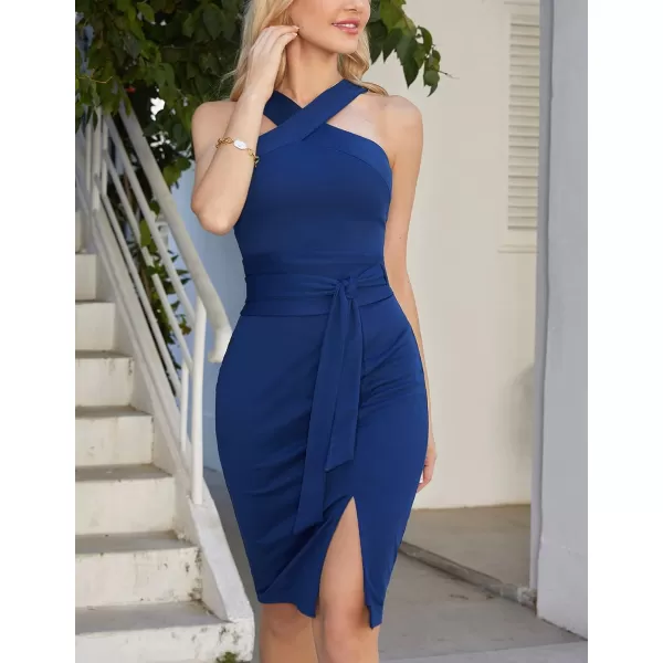 GRACE KARIN Womens Halter Neck Bodycon Dresses Summer Sleeveless Belted Slit Cocktail Midi Sheath Party DressesDrak Blue