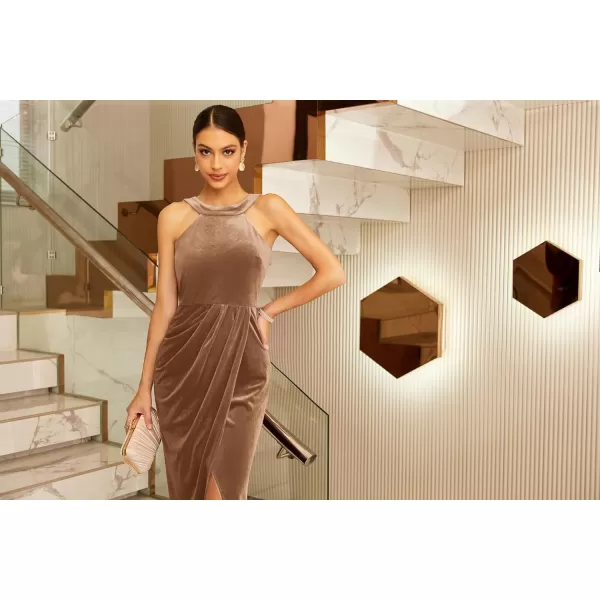 GRACE KARIN Womens Halter Neck Sleeveless Ruched Bodycon Slit Velvet Wrap Party Cocktail Midi DressChampagne