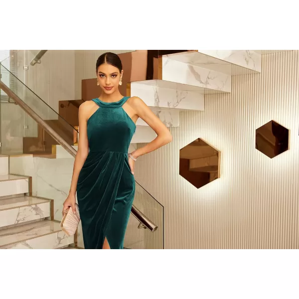 GRACE KARIN Womens Halter Neck Sleeveless Ruched Bodycon Slit Velvet Wrap Party Cocktail Midi DressDark Teal