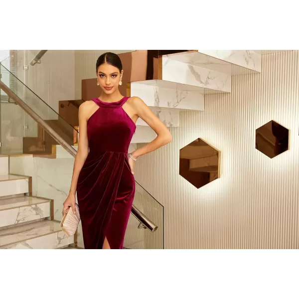 GRACE KARIN Womens Halter Neck Sleeveless Ruched Bodycon Slit Velvet Wrap Party Cocktail Midi DressWine