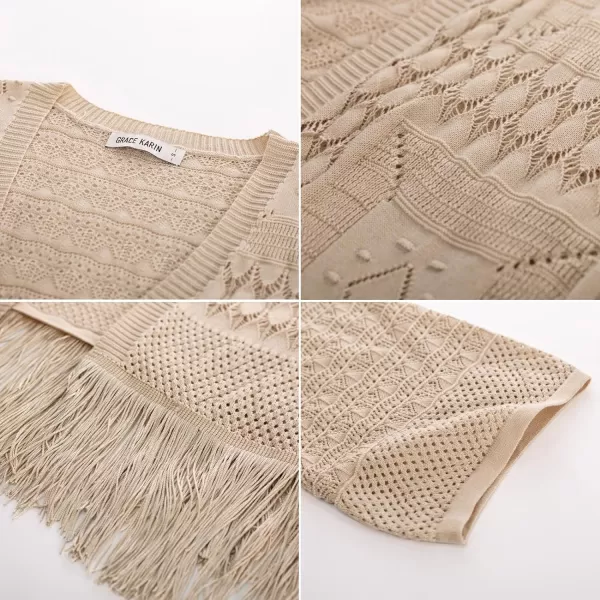 GRACE KARIN Womens Knit Cardigan Crochet Hollow Out Tassel Boho Kimonos Cardigan 2024 Open Front Outwear with Fringe HemApricot