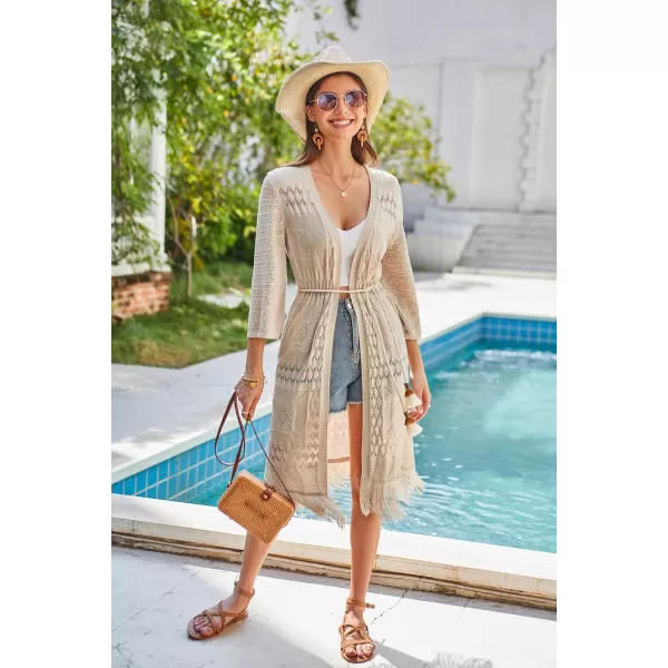 GRACE KARIN Womens Knit Cardigan Crochet Hollow Out Tassel Boho Kimonos Cardigan 2024 Open Front Outwear with Fringe HemApricot