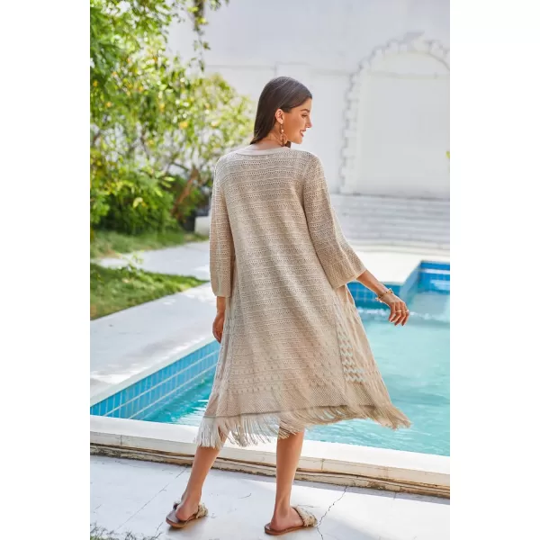 GRACE KARIN Womens Knit Cardigan Crochet Hollow Out Tassel Boho Kimonos Cardigan 2024 Open Front Outwear with Fringe HemApricot