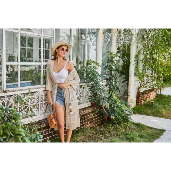 GRACE KARIN Womens Knit Cardigan Crochet Hollow Out Tassel Boho Kimonos Cardigan 2024 Open Front Outwear with Fringe HemApricot