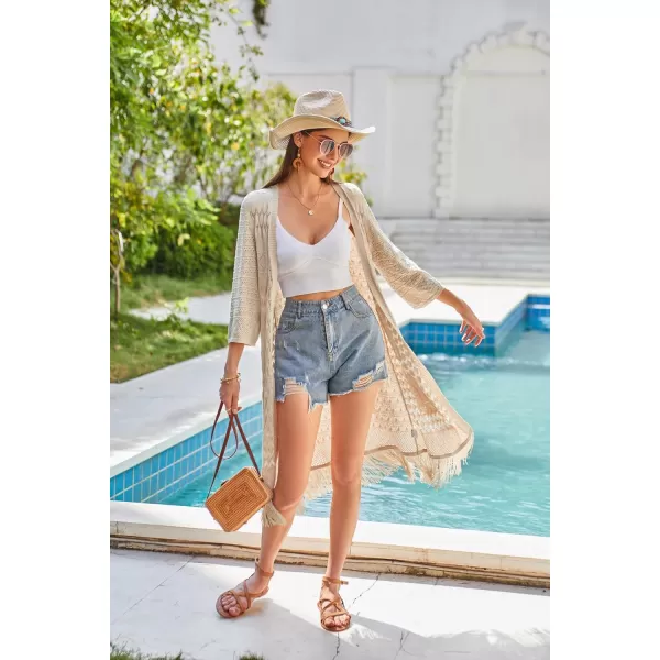 GRACE KARIN Womens Knit Cardigan Crochet Hollow Out Tassel Boho Kimonos Cardigan 2024 Open Front Outwear with Fringe HemApricot