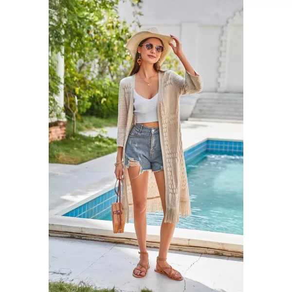 GRACE KARIN Womens Knit Cardigan Crochet Hollow Out Tassel Boho Kimonos Cardigan 2024 Open Front Outwear with Fringe HemApricot