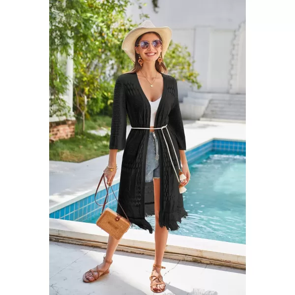 GRACE KARIN Womens Knit Cardigan Crochet Hollow Out Tassel Boho Kimonos Cardigan 2024 Open Front Outwear with Fringe HemBlack