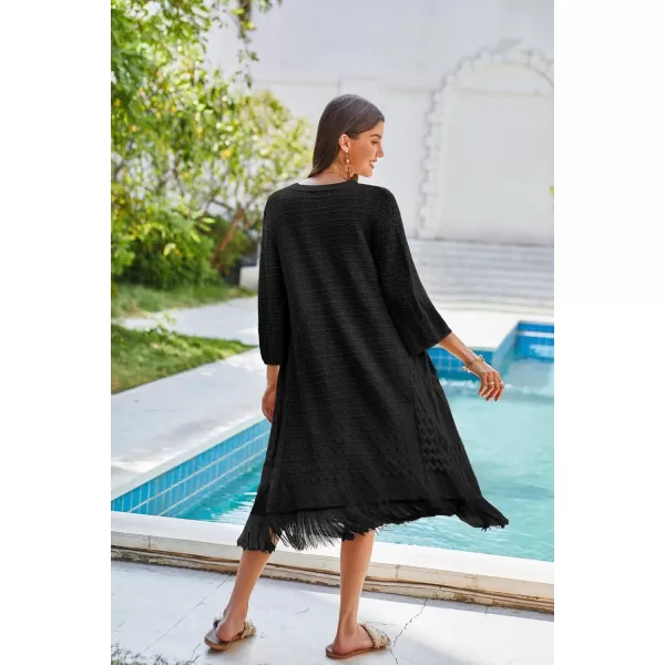 GRACE KARIN Womens Knit Cardigan Crochet Hollow Out Tassel Boho Kimonos Cardigan 2024 Open Front Outwear with Fringe HemBlack
