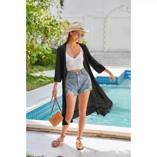 GRACE KARIN Womens Knit Cardigan Crochet Hollow Out Tassel Boho Kimonos Cardigan 2024 Open Front Outwear with Fringe HemBlack