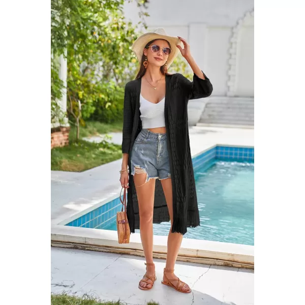 GRACE KARIN Womens Knit Cardigan Crochet Hollow Out Tassel Boho Kimonos Cardigan 2024 Open Front Outwear with Fringe HemBlack