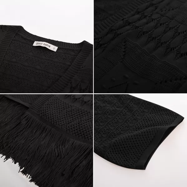 GRACE KARIN Womens Knit Cardigan Crochet Hollow Out Tassel Boho Kimonos Cardigan 2024 Open Front Outwear with Fringe HemBlack