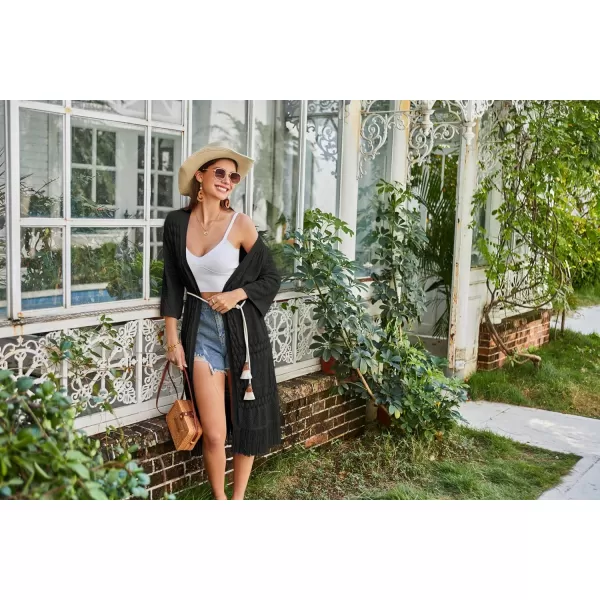 GRACE KARIN Womens Knit Cardigan Crochet Hollow Out Tassel Boho Kimonos Cardigan 2024 Open Front Outwear with Fringe HemBlack