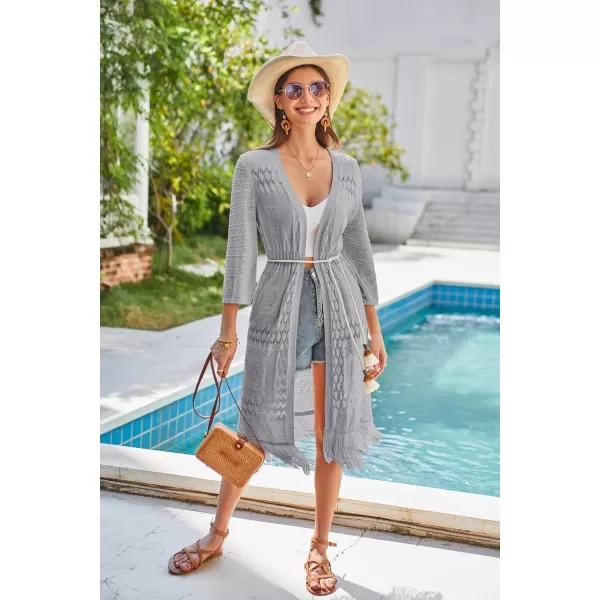 GRACE KARIN Womens Knit Cardigan Crochet Hollow Out Tassel Boho Kimonos Cardigan 2024 Open Front Outwear with Fringe HemGray