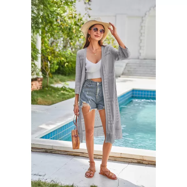 GRACE KARIN Womens Knit Cardigan Crochet Hollow Out Tassel Boho Kimonos Cardigan 2024 Open Front Outwear with Fringe HemGray