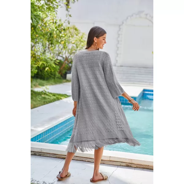 GRACE KARIN Womens Knit Cardigan Crochet Hollow Out Tassel Boho Kimonos Cardigan 2024 Open Front Outwear with Fringe HemGray