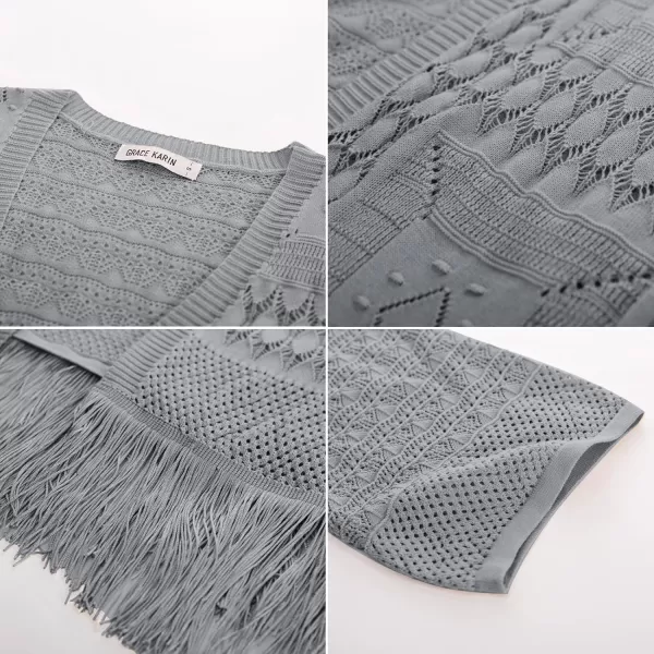GRACE KARIN Womens Knit Cardigan Crochet Hollow Out Tassel Boho Kimonos Cardigan 2024 Open Front Outwear with Fringe HemGray