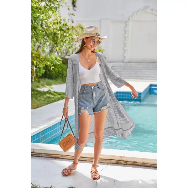 GRACE KARIN Womens Knit Cardigan Crochet Hollow Out Tassel Boho Kimonos Cardigan 2024 Open Front Outwear with Fringe HemGray