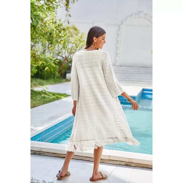 GRACE KARIN Womens Knit Cardigan Crochet Hollow Out Tassel Boho Kimonos Cardigan 2024 Open Front Outwear with Fringe HemIvory White