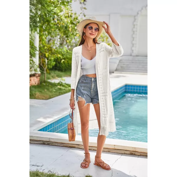 GRACE KARIN Womens Knit Cardigan Crochet Hollow Out Tassel Boho Kimonos Cardigan 2024 Open Front Outwear with Fringe HemIvory White